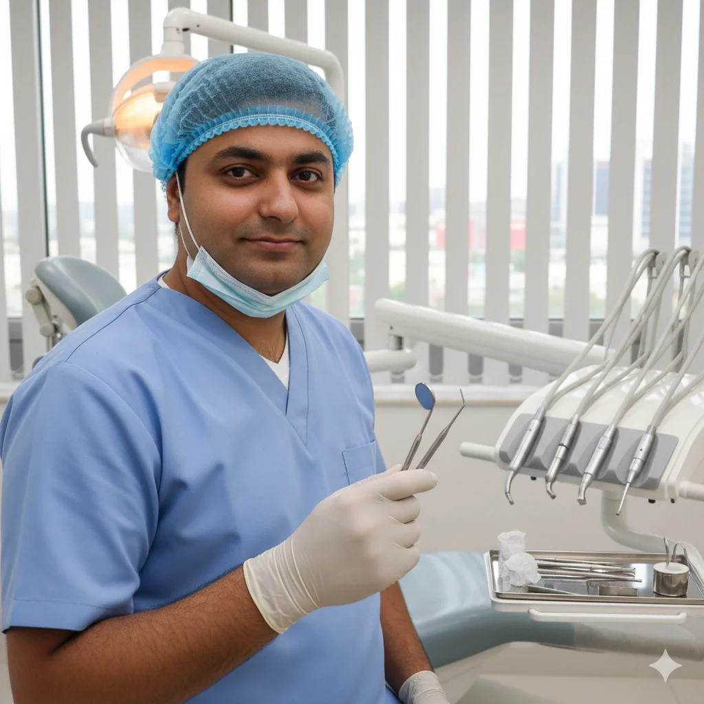 Representative photo of a male dental surgeon in a white coat — swap for Dr. Peyush Dadhich's real photo